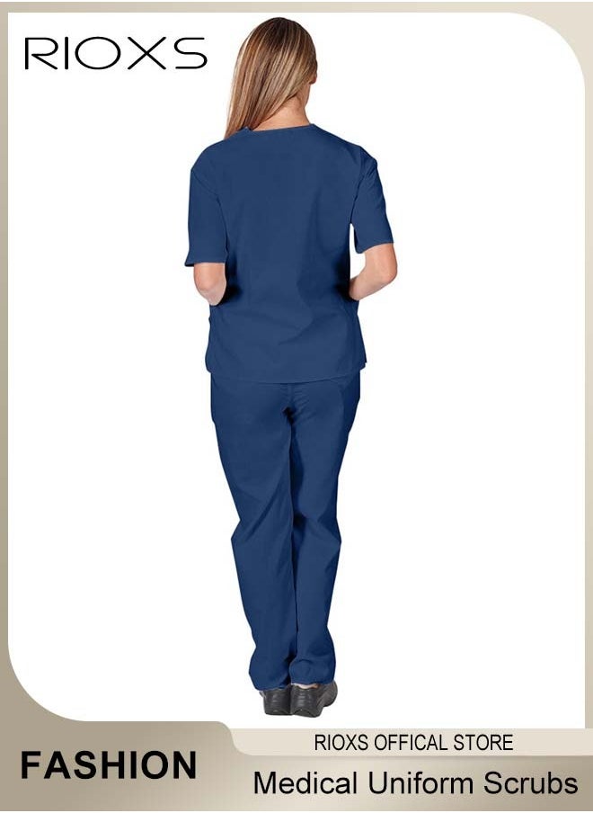 RIOXS - Unisex Medical Uniform Scrubs, Women And Men Scrubs Set, Professionals Medical Scrubs Short Sleeve Top And Pants For Workwear, Soft Stretch V-Neck Top And Trousers - Image 1