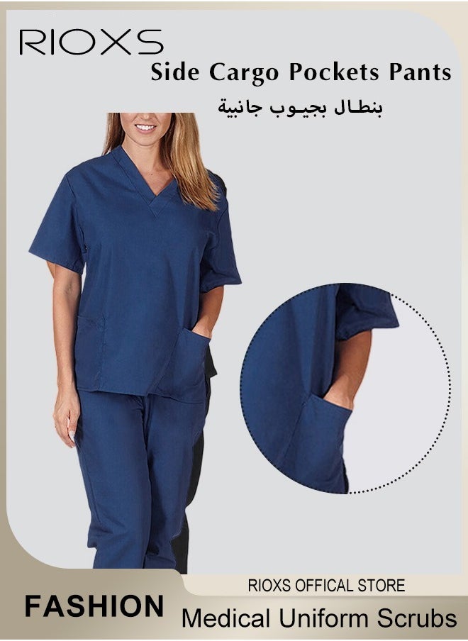 RIOXS - Unisex Medical Uniform Scrubs, Women And Men Scrubs Set, Professionals Medical Scrubs Short Sleeve Top And Pants For Workwear, Soft Stretch V-Neck Top And Trousers - Image 1