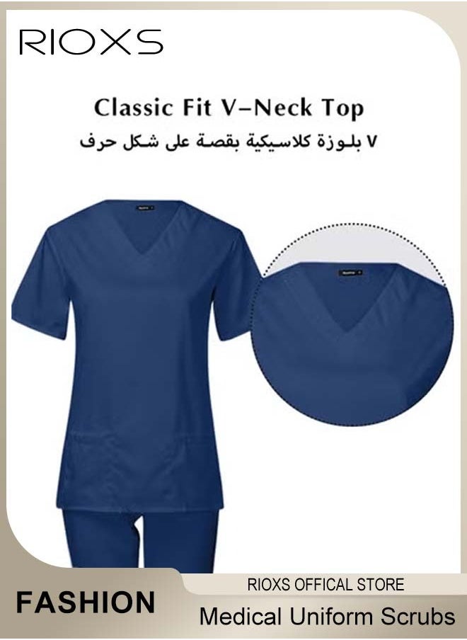 RIOXS - Unisex Medical Uniform Scrubs, Women And Men Scrubs Set, Professionals Medical Scrubs Short Sleeve Top And Pants For Workwear, Soft Stretch V-Neck Top And Trousers - Image 1