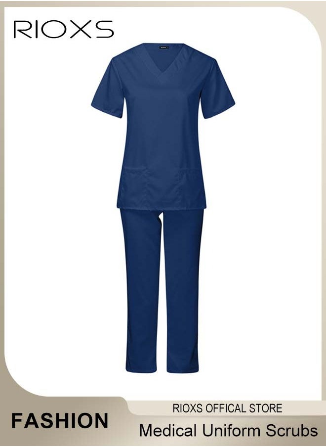 RIOXS - Unisex Medical Uniform Scrubs, Women And Men Scrubs Set, Professionals Medical Scrubs Short Sleeve Top And Pants For Workwear, Soft Stretch V-Neck Top And Trousers - Image 1
