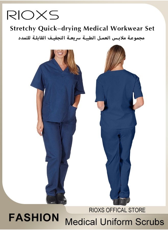 RIOXS - Unisex Medical Uniform Scrubs, Women And Men Scrubs Set, Professionals Medical Scrubs Short Sleeve Top And Pants For Workwear, Soft Stretch V-Neck Top And Trousers - Image 1
