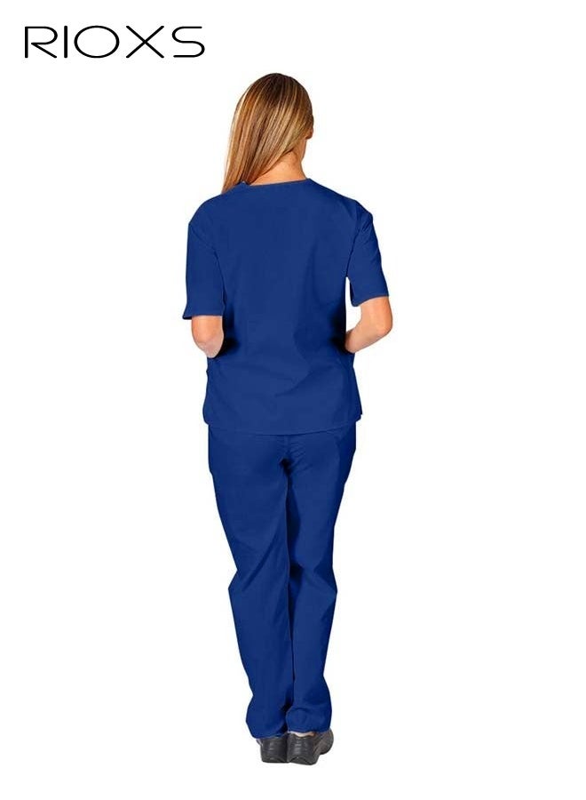 RIOXS Unisex Medical Uniform Scrubs, Women And Men Scrubs Set, Professionals Medical Scrubs Short Sleeve Top And Pants For Workwear, Soft Stretch V-Neck Top And Trousers, Dark Blue, Hospital Nurse Scrubs Set, Dentist Clinic Uniform Unisex, Pharmacy Technician Workwear - Image 3