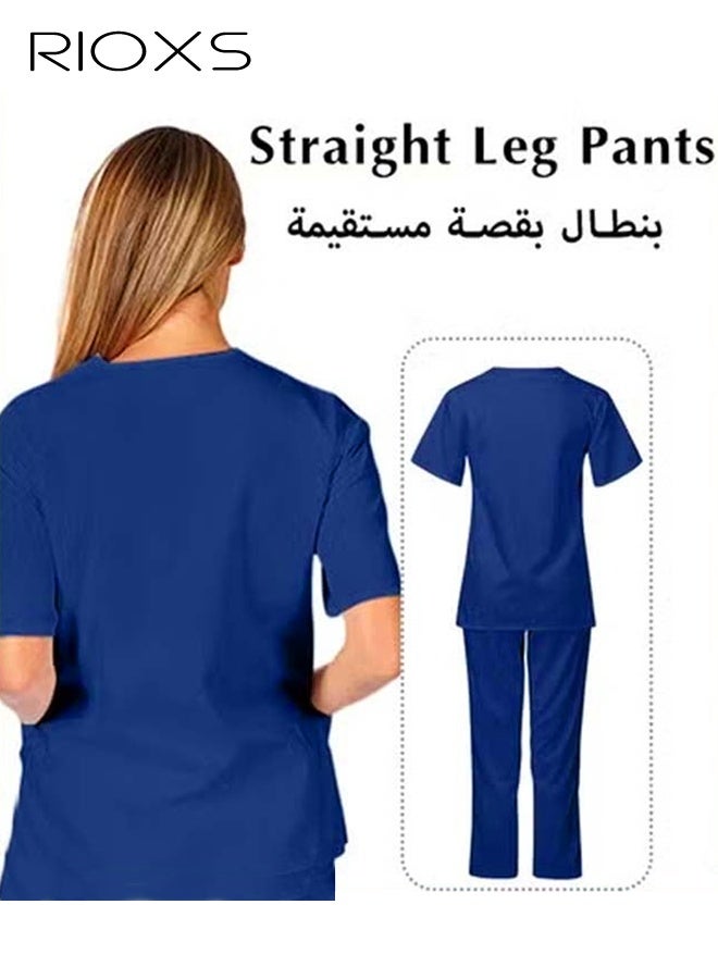 RIOXS Unisex Medical Uniform Scrubs, Women And Men Scrubs Set, Professionals Medical Scrubs Short Sleeve Top And Pants For Workwear, Soft Stretch V-Neck Top And Trousers, Dark Blue, Hospital Nurse Scrubs Set, Dentist Clinic Uniform Unisex, Pharmacy Technician Workwear - Image 5