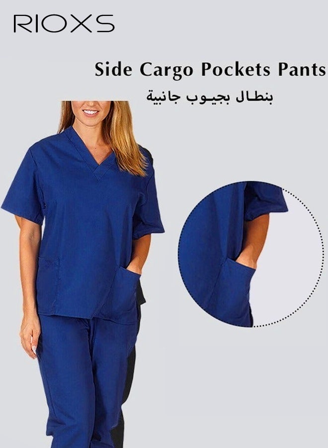 RIOXS Unisex Medical Uniform Scrubs, Women And Men Scrubs Set, Professionals Medical Scrubs Short Sleeve Top And Pants For Workwear, Soft Stretch V-Neck Top And Trousers, Dark Blue, Hospital Nurse Scrubs Set, Dentist Clinic Uniform Unisex, Pharmacy Technician Workwear - Image 4