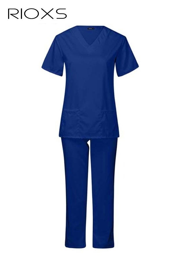 RIOXS Unisex Medical Uniform Scrubs, Women And Men Scrubs Set, Professionals Medical Scrubs Short Sleeve Top And Pants For Workwear, Soft Stretch V-Neck Top And Trousers, Dark Blue, Hospital Nurse Scrubs Set, Dentist Clinic Uniform Unisex, Pharmacy Technician Workwear - Image 1
