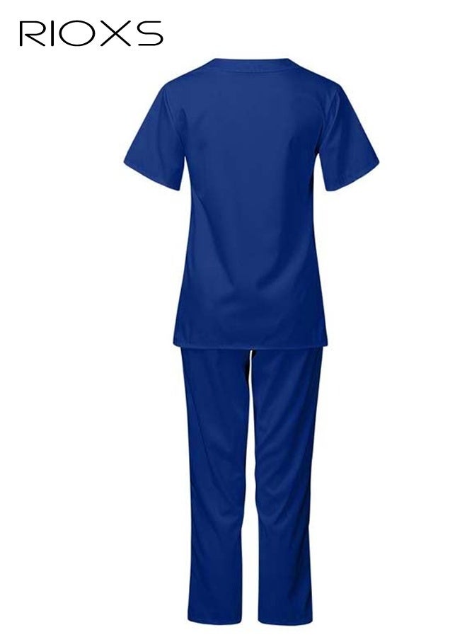RIOXS Unisex Medical Uniform Scrubs, Women And Men Scrubs Set, Professionals Medical Scrubs Short Sleeve Top And Pants For Workwear, Soft Stretch V-Neck Top And Trousers, Dark Blue, Hospital Nurse Scrubs Set, Dentist Clinic Uniform Unisex, Pharmacy Technician Workwear - Image 2