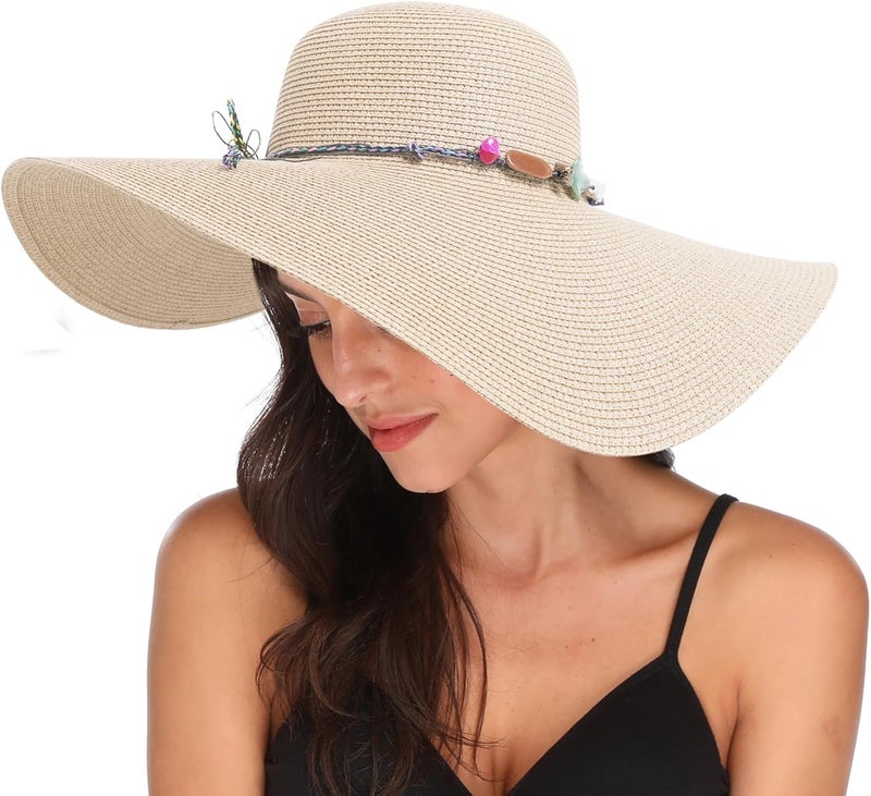 Lanzom Womens Wide Brim Straw Hat Big Floppy Foldable Roll up Cap Beach Sun Hat UPF 50+ - Image 1