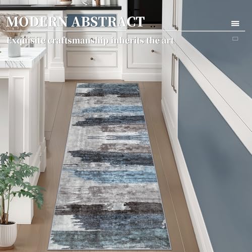 Ciicool 2x6 Washable Runner Rug, Modern Abstract Hallway Rugs Runner, Non-Slip Thin Accent Rug Lightweight Navy Grey Print Distressed Carpet for Laundry Entryway Bedroom Kitchen Bathroom Indoor - Image 2