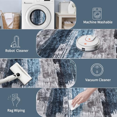 Ciicool 2x6 Washable Runner Rug, Modern Abstract Hallway Rugs Runner, Non-Slip Thin Accent Rug Lightweight Navy Grey Print Distressed Carpet for Laundry Entryway Bedroom Kitchen Bathroom Indoor - Image 4