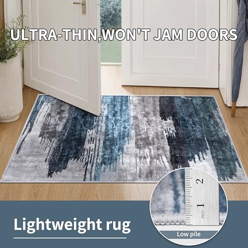 Ciicool 2x6 Washable Runner Rug, Modern Abstract Hallway Rugs Runner, Non-Slip Thin Accent Rug Lightweight Navy Grey Print Distressed Carpet for Laundry Entryway Bedroom Kitchen Bathroom Indoor - Image 5