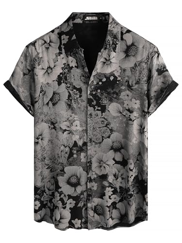JOTOOK Mens Hawaiian Shirt Short Sleeve Button Down Tropical Shirts Casual Floral Summer Beach Shirt XX-Large Black Gray - Image 1