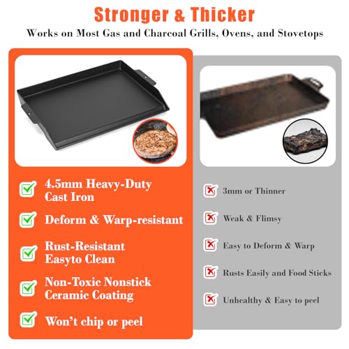 SearCook Cast Iron Griddle for Gas Grill and Stove Top, 23" x 16" Universal Flat Top Plate, X-Shaped Reinforced Ridges, Nonstick Coating Large BBQ Flat Top Plate for Camping, Parties - Image 5
