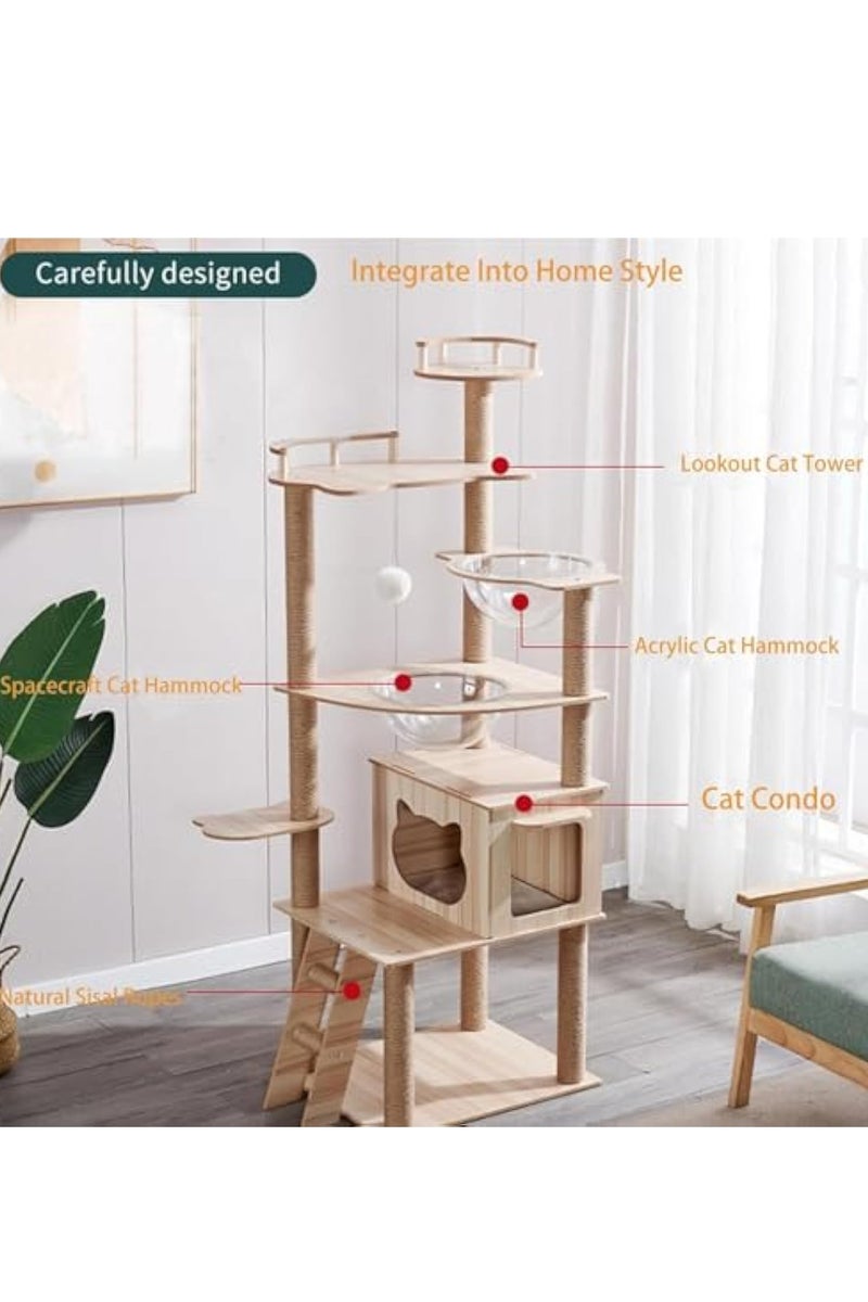 Cat Tree Cat Tower Condo Furniture Scratch Post with Natural Sisal Rope, Hammock & Cradle for Cats Kittens, Tall Cat Climbing Stand with Plush Perch & Toys
