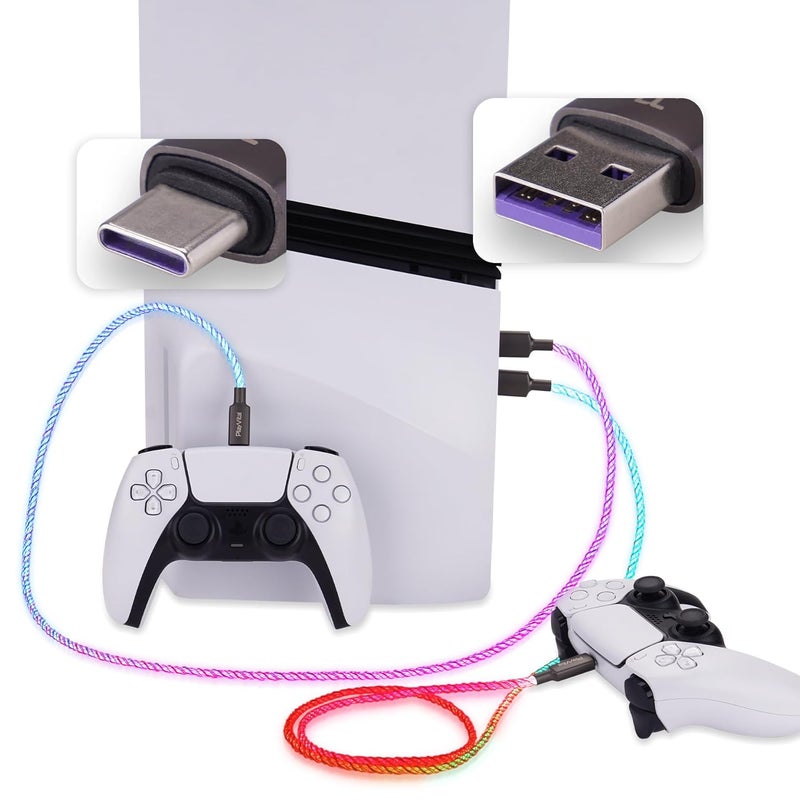كابل شحن مضيء من PlayVital بطول 3.28 قدم لوحدة تحكم PS5، كابل شحن من نوع USB Type C لأذرع Xbox Core/Elite Series 2 / Switch 2 Pro Controller (عبوة من قطعتين) - Image 1