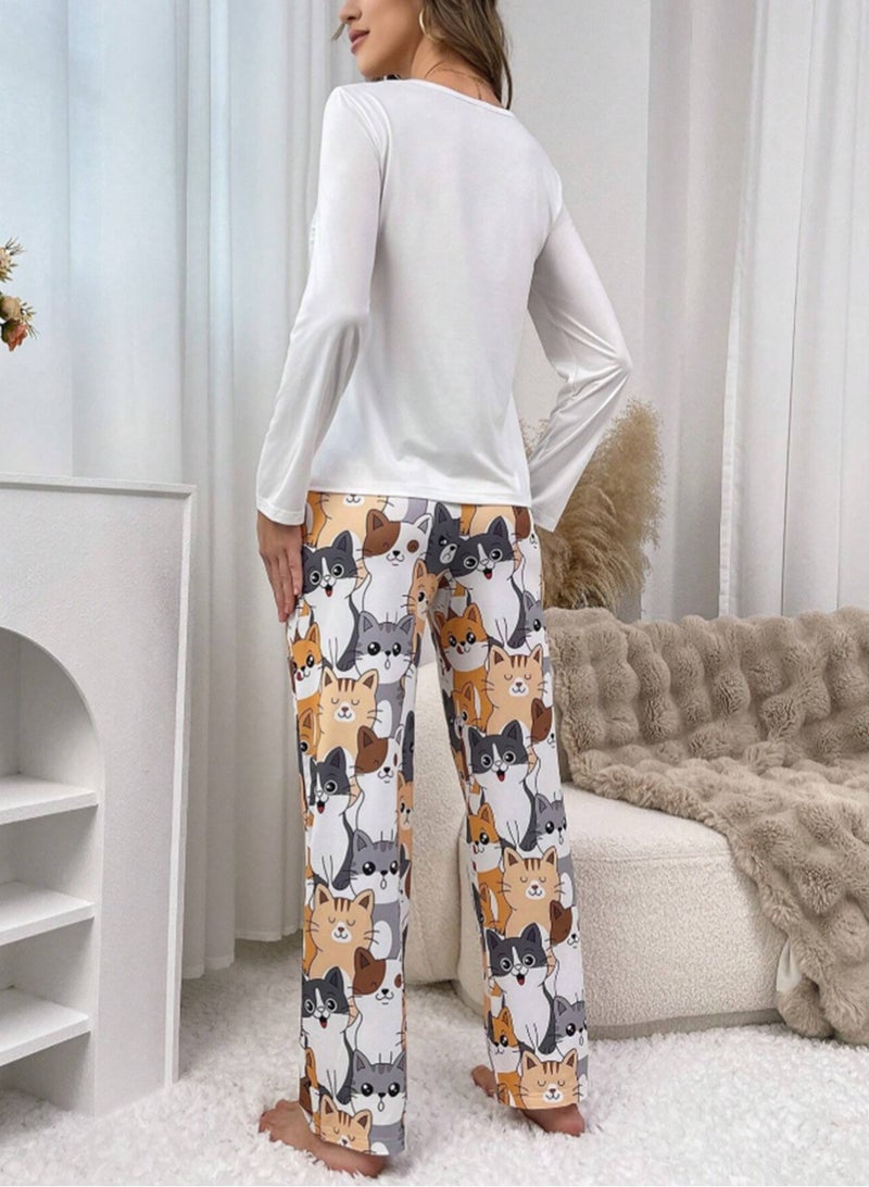 MANIKAN MANIKAN Women’s Pajama Set with Long Sleeves and Cat Print Pants  - Image 4
