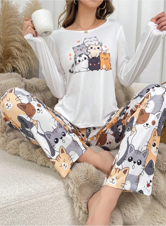 MANIKAN MANIKAN Women’s Pajama Set with Long Sleeves and Cat Print Pants  - Image 3