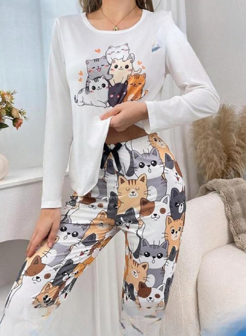 MANIKAN MANIKAN Women’s Pajama Set with Long Sleeves and Cat Print Pants  - Image 2