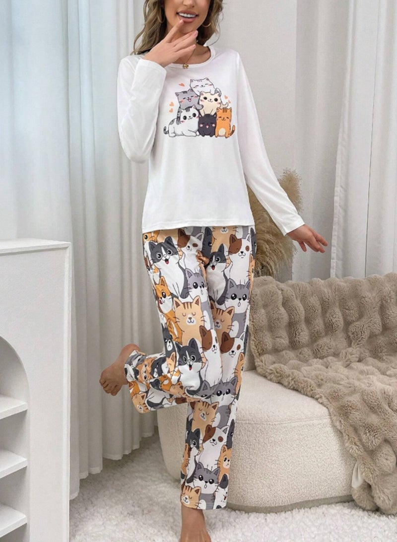 MANIKAN MANIKAN Women’s Pajama Set with Long Sleeves and Cat Print Pants  - Image 1