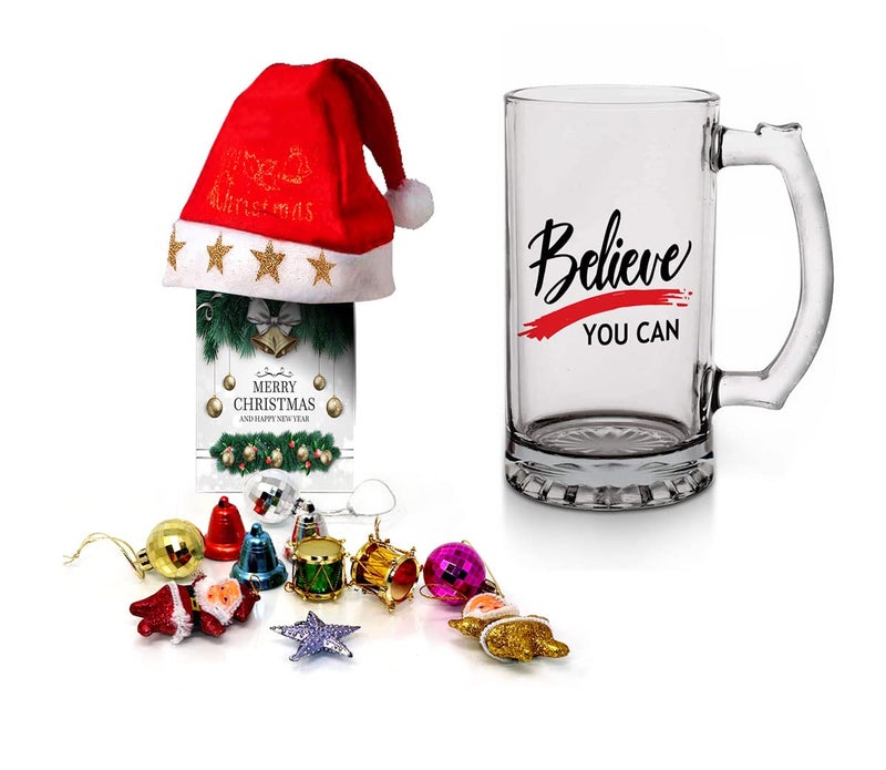 Kesri Gifts Kesri Gifts Christmas Gift Set Printed Beer Mug 12 Christmas Ornaments with Santa Cap Xmas Greeting Card for Xmas Gift ComboxmBrm21239 - Image 1