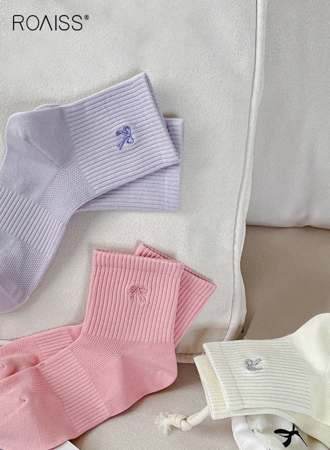 roaiss 5 Pairs Women's Mid-Calf Socks, Anti-Slip Fine Mesh Breathable Cotton Socks with Bow, Women's Mid-Calf Socks Solid Color Minimalist Versatile Style - Image 2