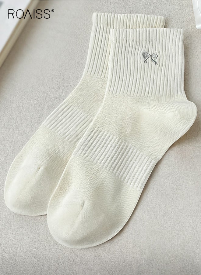roaiss 5 Pairs Women's Mid-Calf Socks, Anti-Slip Fine Mesh Breathable Cotton Socks with Bow, Women's Mid-Calf Socks Solid Color Minimalist Versatile Style - Image 3