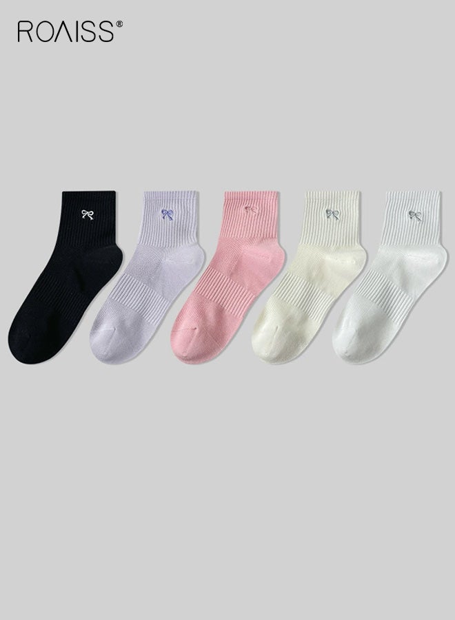 roaiss 5 Pairs Women's Mid-Calf Socks, Anti-Slip Fine Mesh Breathable Cotton Socks with Bow, Women's Mid-Calf Socks Solid Color Minimalist Versatile Style - Image 1