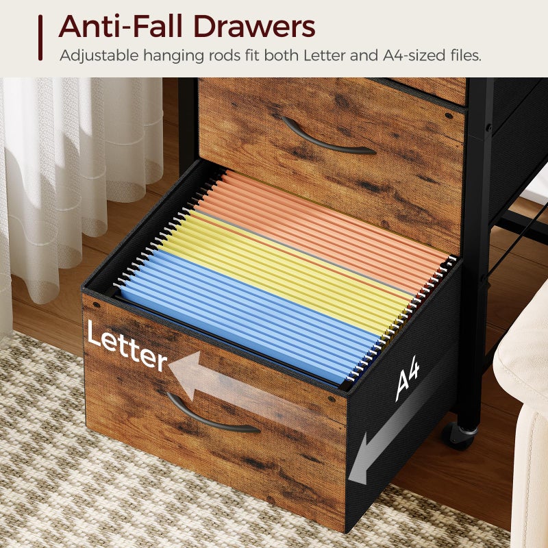 MAHANCRIS 3 Drawer File Cabinet, Vertical Filing Cabinet with Wheels, Printer Stand with Non-Woven Fabric Drawer, Adjustable Hanging Rods, fits A4/Letter Size, for Home Office, Rustic Brown FCHR5901 - Image 5