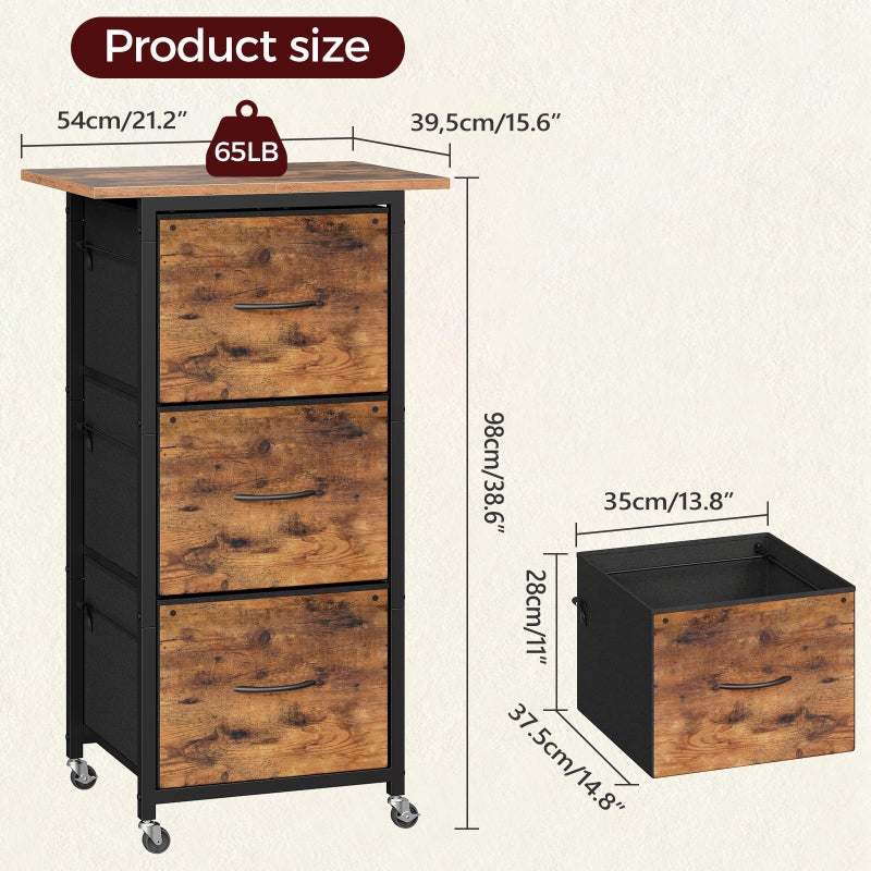 MAHANCRIS 3 Drawer File Cabinet, Vertical Filing Cabinet with Wheels, Printer Stand with Non-Woven Fabric Drawer, Adjustable Hanging Rods, fits A4/Letter Size, for Home Office, Rustic Brown FCHR5901 - Image 3