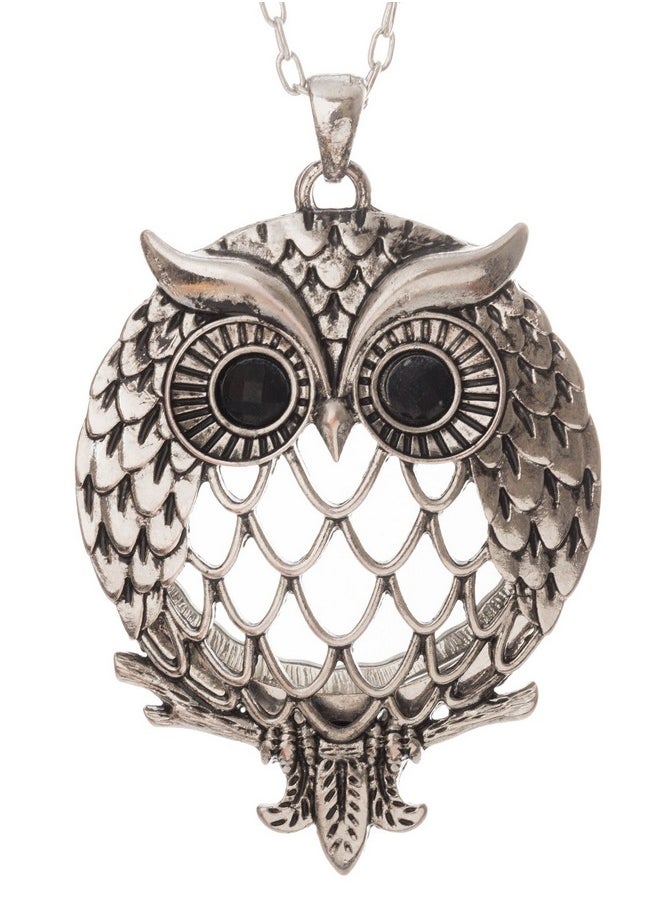 Artisan Owl - Owl Magnifier Magnifying Glass Sliding Top Magnet Pendant Necklace, 30" (Silver Tone) - Image 1