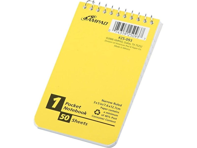 Ampad 25093 Wirebound Pocket Memo Book, Narrow, 5 x 3, White, 50 Sheets - Image 1