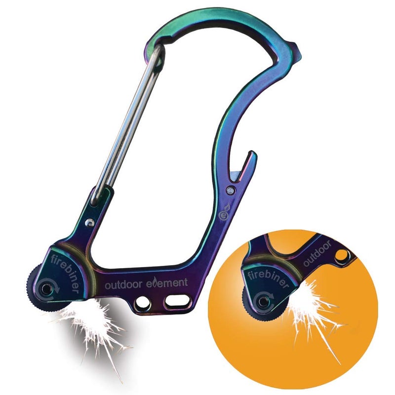 OUTDOOR ELEMENT Firebiner 6-in-1 مشبك حريق متعدد الاستخدامات - سلسلة مفاتيح، شفرة متعددة الاستخدامات، فتاحة زجاجات، وأكثر - Image 1