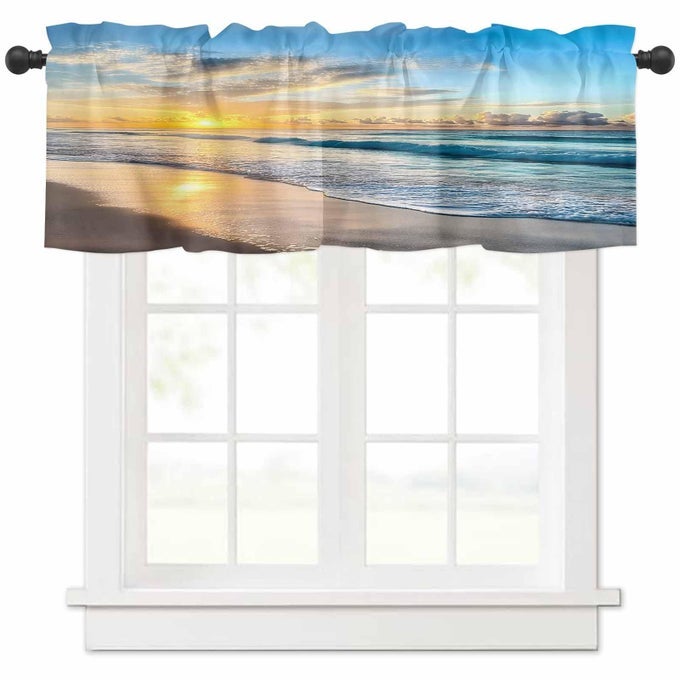 BEACH CURTAINS VALANCES FOR WINDOWS ROD POCKET DRAPE VALENCE OCEAN THEME SAND WAVE SEA WATER BEACH DECOR FOR BEDROOM KITCHEN LIVING ROOM 1 PANEL 54 X 18 INCH