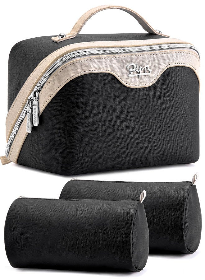 BOYATU Women Leather Travel Makeup Bag with 2 Large Portable Makeup Bags for Women, A-01-black, Travel - Image 1