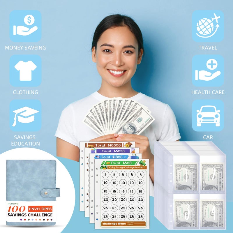 DONBAO 100 Envelopes Money Saving Challenge Binder, A5 Budget Binder with Envelopes and Challenge Tracker, Savings Challenges Planner Book to Save $500, $1000, $5050, $10000 (Blue) - Image 2