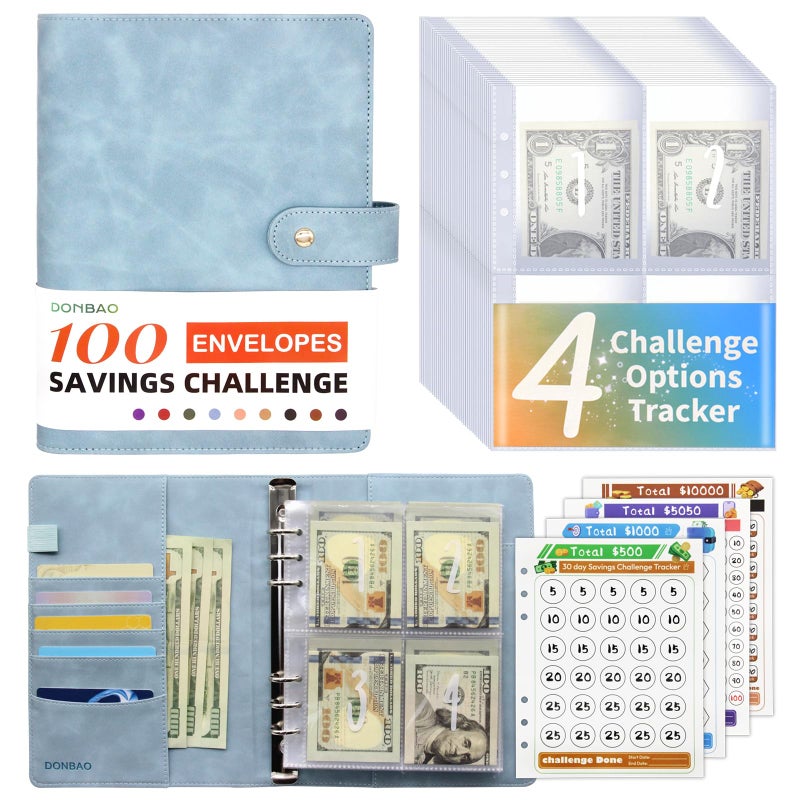 DONBAO 100 Envelopes Money Saving Challenge Binder, A5 Budget Binder with Envelopes and Challenge Tracker, Savings Challenges Planner Book to Save $500, $1000, $5050, $10000 (Blue) - Image 1