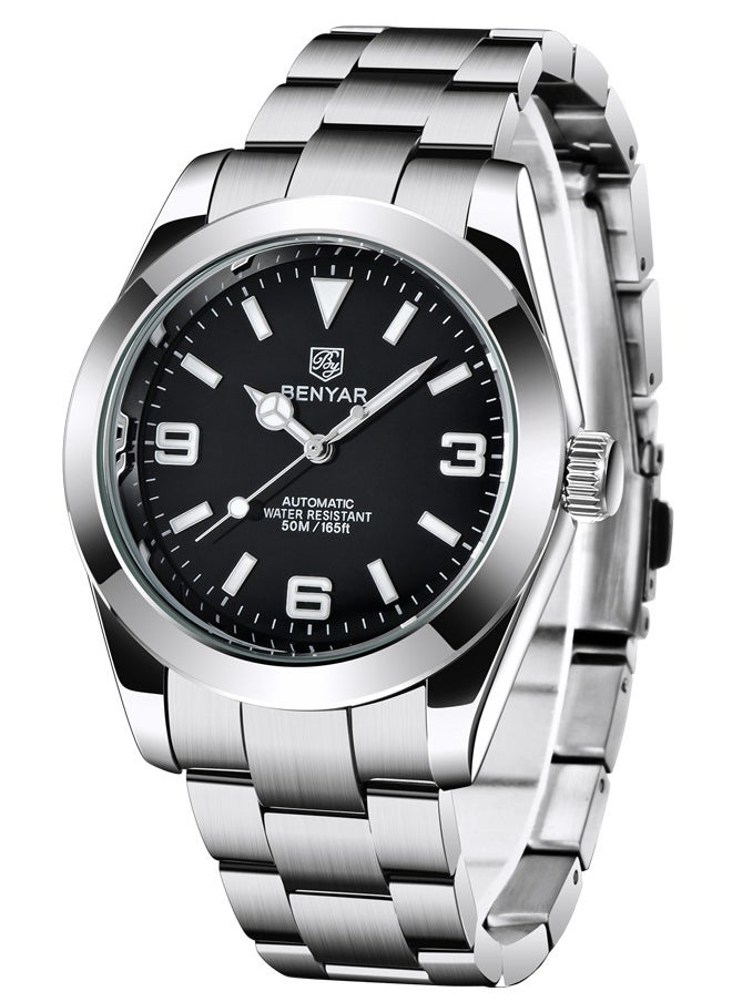 BENYAR Men's casual automatic watch stainless steel strap men's luminous watch 50 meters waterproof BY-5177 silver black  - Image 1