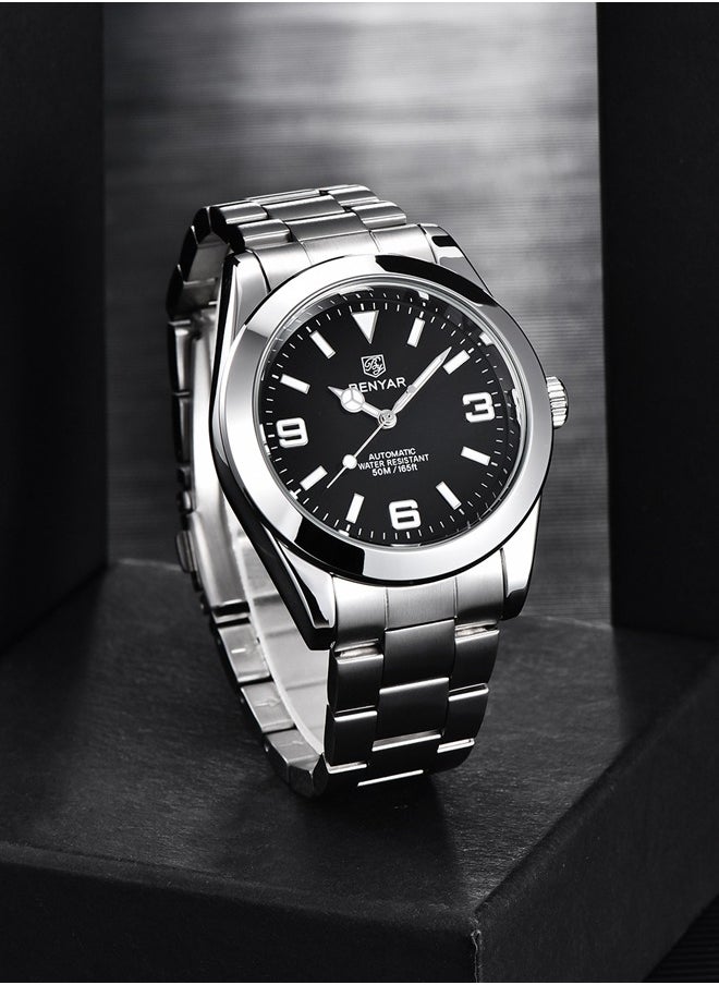 BENYAR Men's casual automatic watch stainless steel strap men's luminous watch 50 meters waterproof BY-5177 silver black  - Image 4