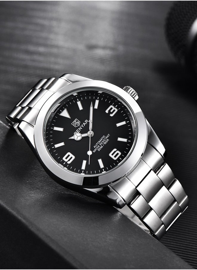 BENYAR Men's casual automatic watch stainless steel strap men's luminous watch 50 meters waterproof BY-5177 silver black  - Image 3