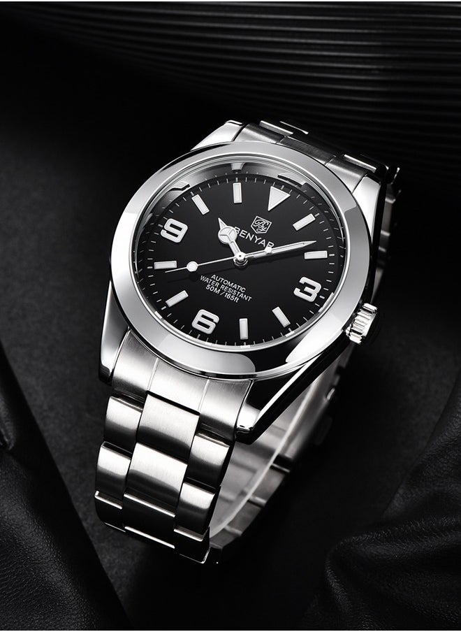 BENYAR Men's casual automatic watch stainless steel strap men's luminous watch 50 meters waterproof BY-5177 silver black  - Image 5