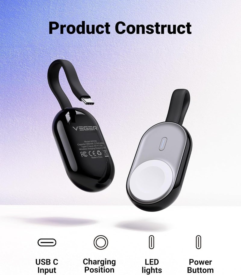 VEGER Portable Apple Watch Charger, 1200mAh 2.5W Fast Charging Power Bank, Magnetic Charging Compatible With Apple Watch Series 9/8/7/6/5/4/3/2/1/SE/Ultra - Black - Image 5