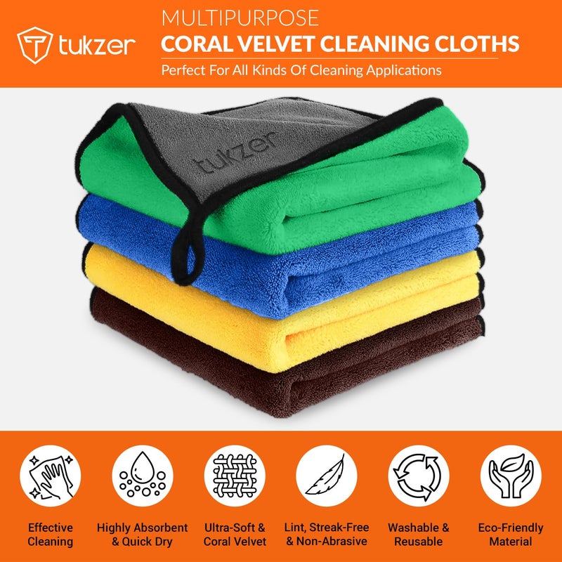 Tukzer Multi-Purpose Coral Velvet Microfiber Cloths for Car Bike| Ultra-Soft Super Absorbent Lint-Free for Exterior Interior Dashboard Cleaning Washing Polishing(500 GSM Multi-Color | 4 Pcs 35x 75 cm) - Image 2