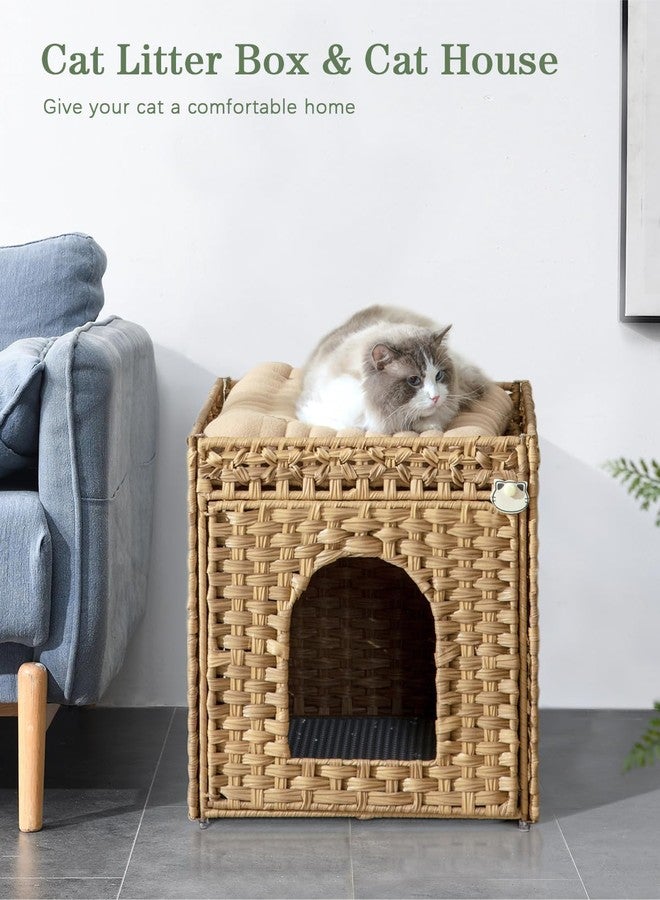 SETVSON Cat Litter Box Enclosure Furniture, Hidden Litter Box with Mat and Fence, Handwoven Rattan Cat House with Two S-Shaped Hooks for Living Room, Bedroom, 18.5 x 20.5 x 19.1 Inches (Natural) - Image 2