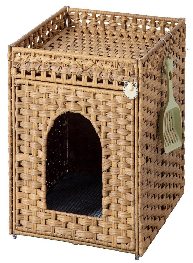 SETVSON Cat Litter Box Enclosure Furniture, Hidden Litter Box with Mat and Fence, Handwoven Rattan Cat House with Two S-Shaped Hooks for Living Room, Bedroom, 18.5 x 20.5 x 19.1 Inches (Natural) - Image 1