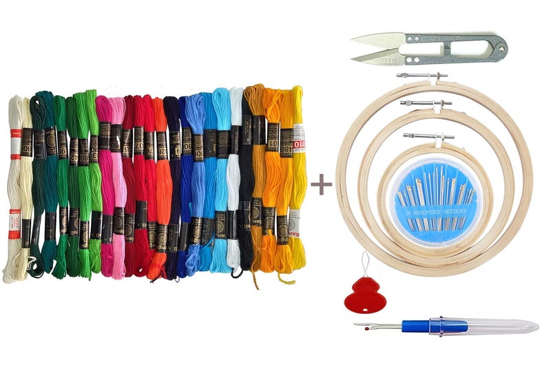 TE Embroidery Kit with Wooden Hoop Ring 6,7,8 Inches, 25 Multicolor Threads, 30 Needles, 1 Seam Ripper, 1 Threader and 1 Thread Cutter for Cross Stitch (Emb. kit 1st aati) - Image 1