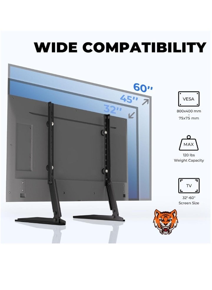 TIGER "Universal TV Stand with Metal Legs for 20''-60'' LCD/LED Flat Screen TVs, Extra Wide and Long Feet, Supports Up to 120 lbs, VESA Max 800x400mm (Black)" - Image 1