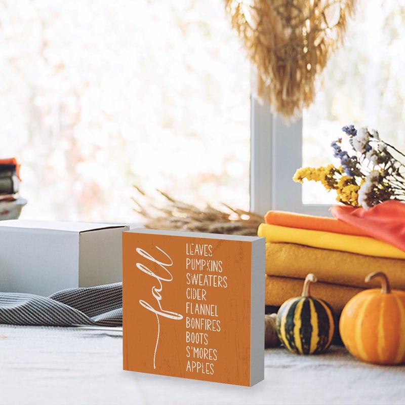 WRSUNT Rustic Autumn Quote Wood Box Sign  Farmhouse Fall Bucket List Artwork Decor  Autumn Thanksgiving Harvest Wooden Square Sign Desk Block Signs Home Shelf Office Decoration 5 x 5 Inches - Image 3