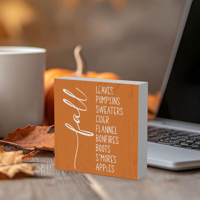 WRSUNT Rustic Autumn Quote Wood Box Sign  Farmhouse Fall Bucket List Artwork Decor  Autumn Thanksgiving Harvest Wooden Square Sign Desk Block Signs Home Shelf Office Decoration 5 x 5 Inches - Image 4