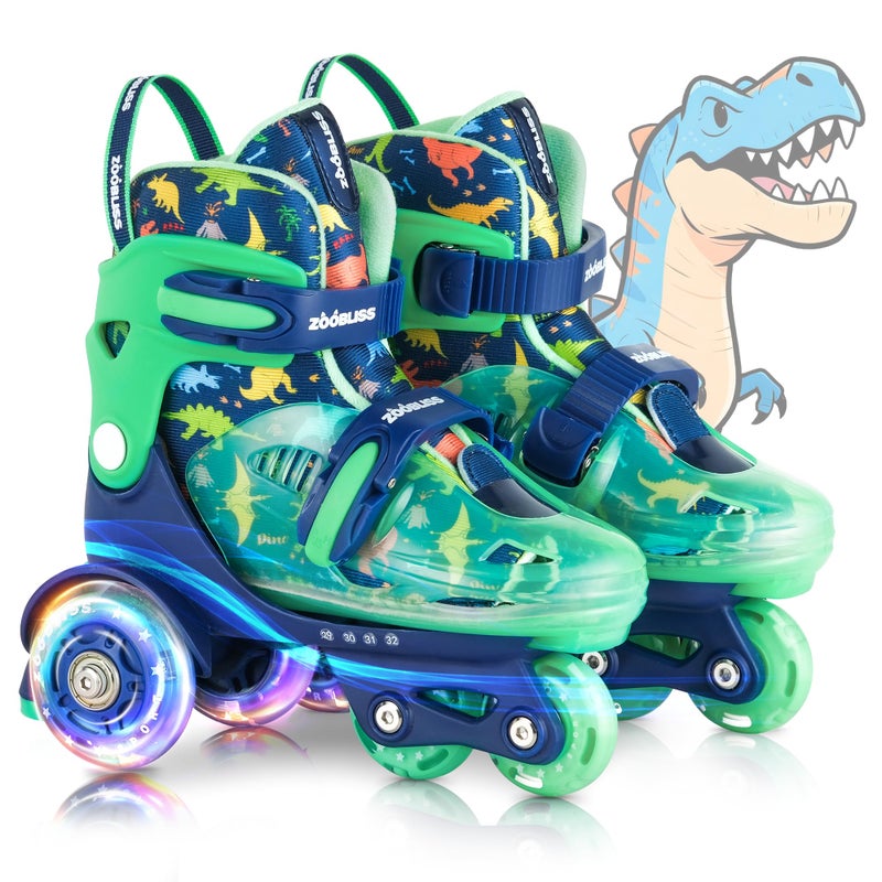 ZOOBLISS Kids Roller Skates for Beginners - ZOOBLISS Toddler Roller Skates for Boys Ages 3-7 with Light-Up Wheels & 4 Adjustable Sizes, Tri-Wheel Training Skates for Kids (Dino Blue) - Image 1