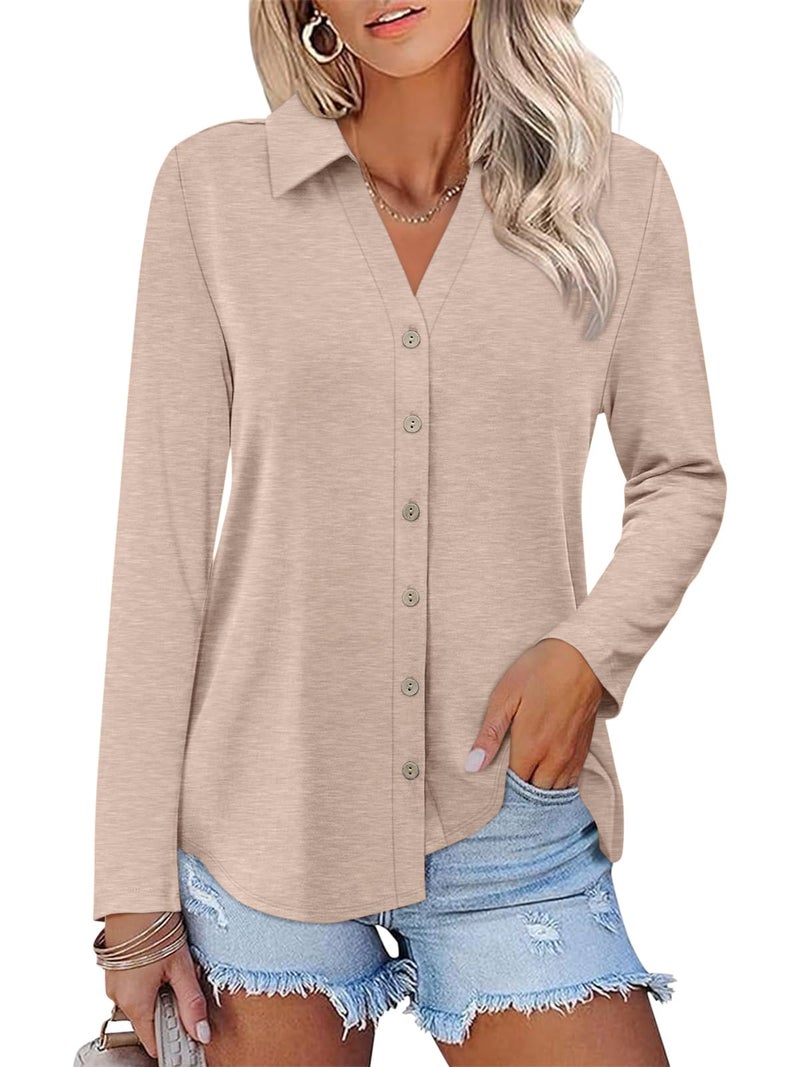 TICTICMISS Womens Long Sleeve Tops Button Down Shirts Dressy Casual Fall Tops Trendy Tunic Tops Apricot - Image 1