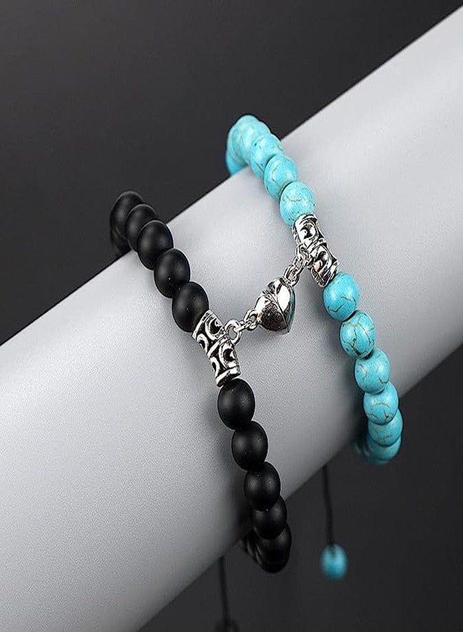 Thrillz Valentine Gift For Girlfriend Couple Bracelet For Men Women Beads Natural Stone Megnetic Heart Couple Bracelet Love Gifts With Golden Flower Jewellery - Image 2